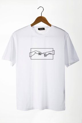 Erkek Beyaz Adem’in Yaratılışı El Baskılı Bisiklet Yaka Oversize Rahat Kalıp Basic T-shirt BRS22Y-3400761-7