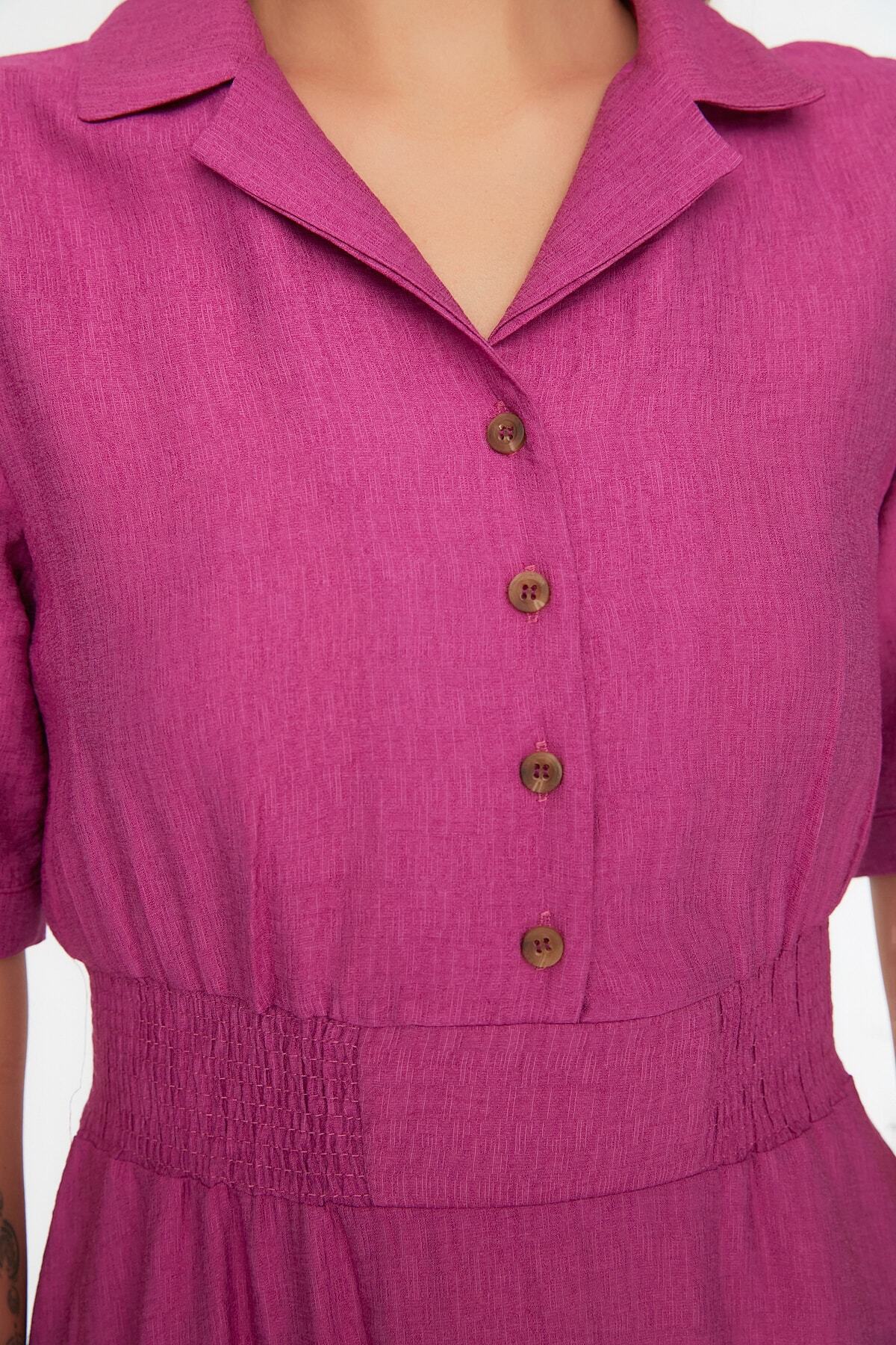 Trendyol Collection-Košilový límec švestkové A-line Guiped Midi Woven Šaty TWOSS21EL1023 4