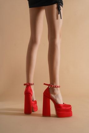 Kırmızı Saten Bilek Taşlı Platform Kadın Ayakkabı Figos 5000