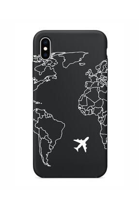 Iphone X Xs World Map Lines Siyah Lansman Kılıf MCWMLIPXSMxs