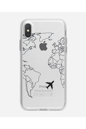 Iphone X Xs World Map Lines Premium Şeffaf Silikon Kılıf Siyah Baskılı MCWMLIPXSMxs