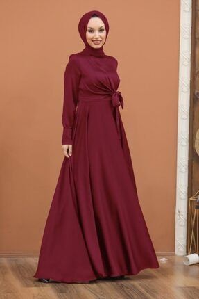 Tesettürlü Abiye Elbise - Krep Saten Bordo Tesettür Abiye Elbise 1420br OZD-1420