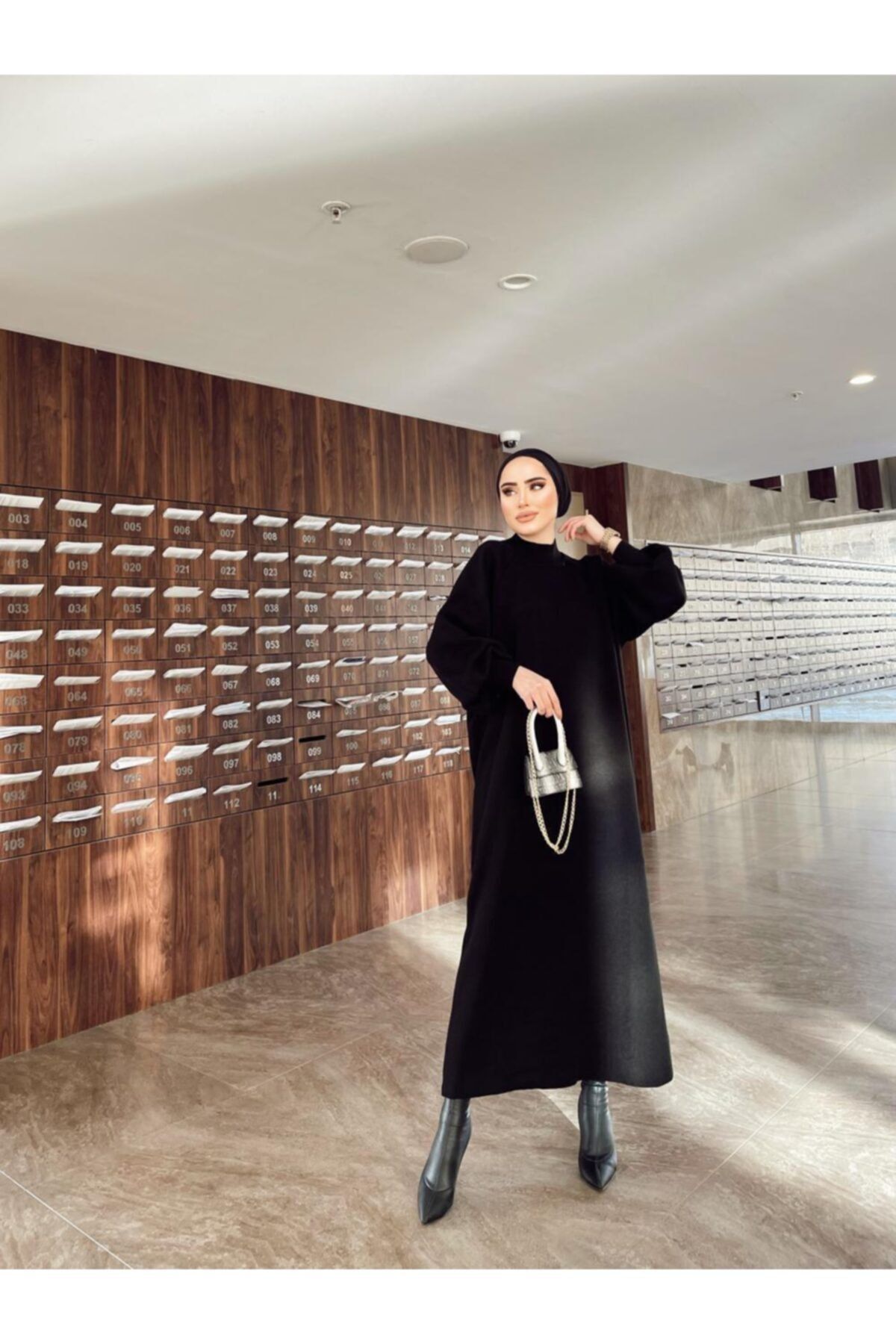 پیراهن پوشیده مشکی زنانه لباس آستین بالون سیاه اورجینال Rimel Moda