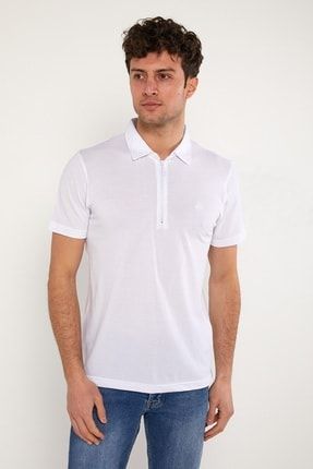 Erkek Beyaz Fermuarlı Gömlek Yaka Pike T-shirt 355