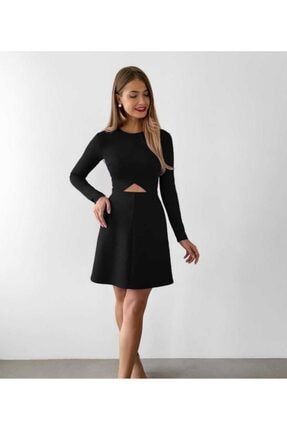 Kadın Uzun Kollu Ithal Yumuşak Kumaş Göbek Dekolte Elbise Siyah EK7005