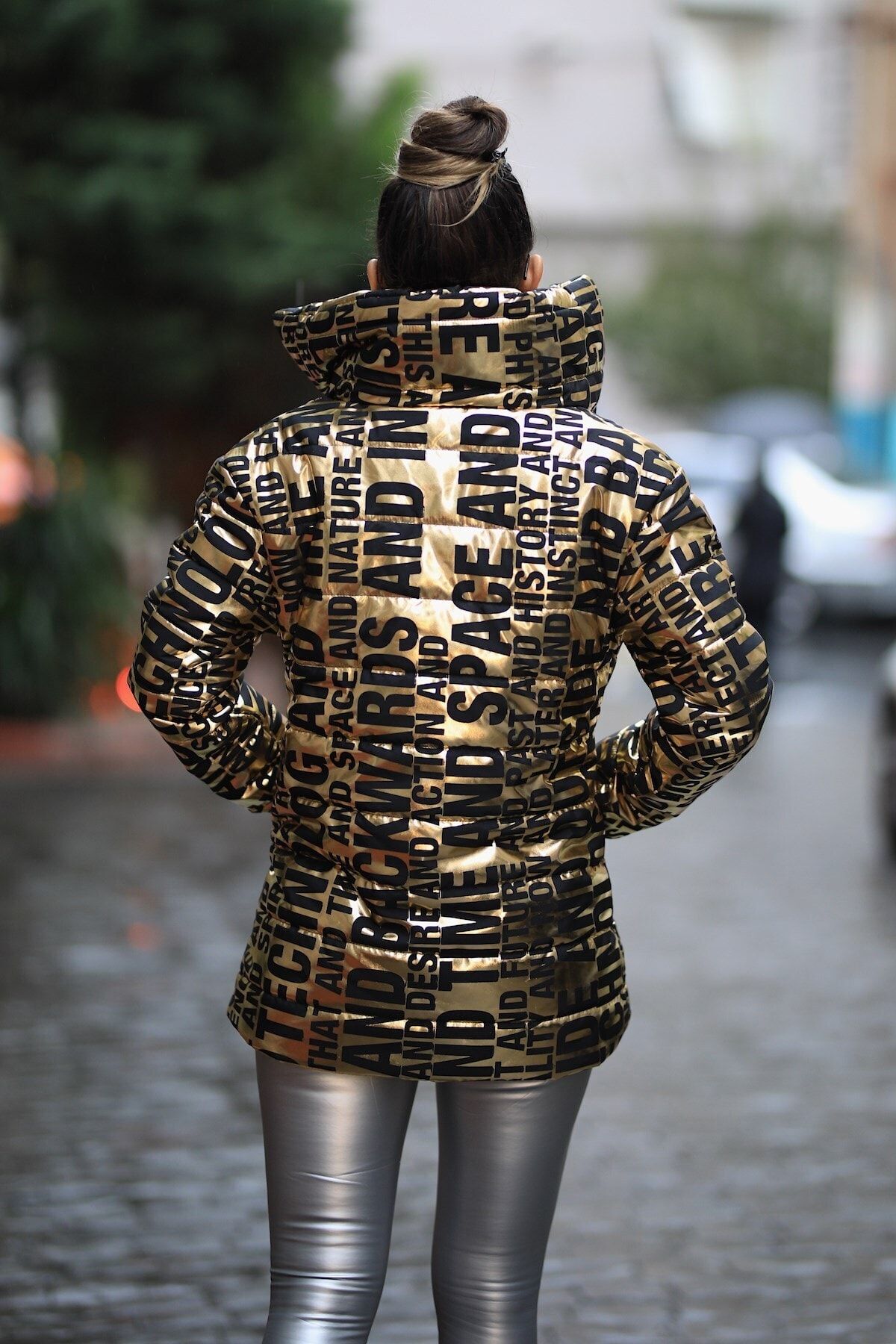 Keyifli Moda Women s Gold Stand up Collar Long Shiny Puffer Coat