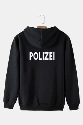 Unisex Siyah Kapüşonlu Arkası Polizei Baskılı Slim Fit Kanguru Cepli Sweatshirt BRS20Y-5200322-25