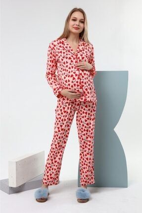 Ladymina Pembe Kırmızı Kalpli Hamile Pijama 102236L