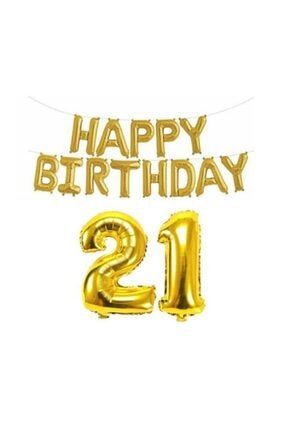 Altın Renk Happy Birthday Yazılı 21 Yaş Folyo Balon Parti Ve Kutlama Seti KTB0000003538