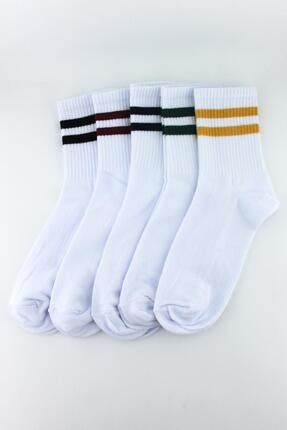 Beyaz, 5'li Paket Farklı Çizgilerde Beyaz Yarım Konç Erkek Kadın Unisex Çorap SS20MNDMCR00515