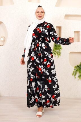 Kadın Siyah Çiçek Desen Dokuma Elbise CDILK00ANT0988-Siyah