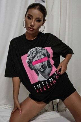 Kadın Siyah Oversize Intense Baskılı Oversize Tişört ıntense202