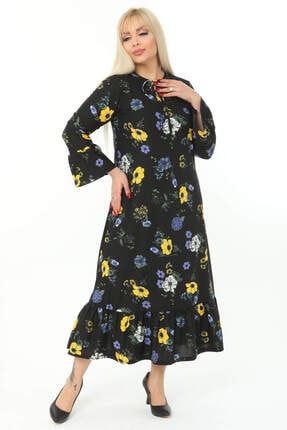 Kadın Mor Sarı Çiçek Desenli Biye Yaka Kol Ve Etek Ucu Fırfırlı Büyük Beden Elbise 2140171