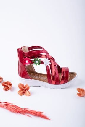 Kız Çocuk Kırmızı Poli Taban Çiçekli Arkası Fermuarlı Sandalet G1456