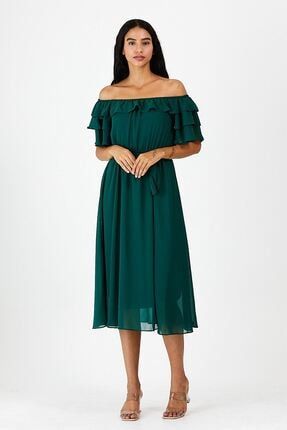 Kadın Carmen Yaka Şifon Zümrüt Yeşil Elbise 2e-5015 18E-5006