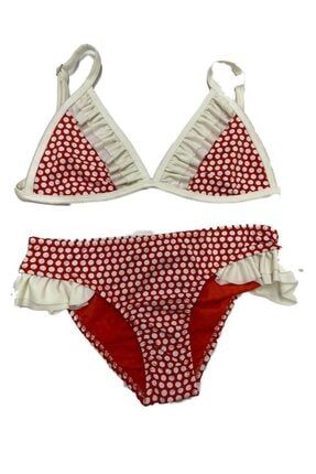 Beyaz Desenli Püsküllü Kırmızı Kız Çocuk Bikini Takımı DFX547853
