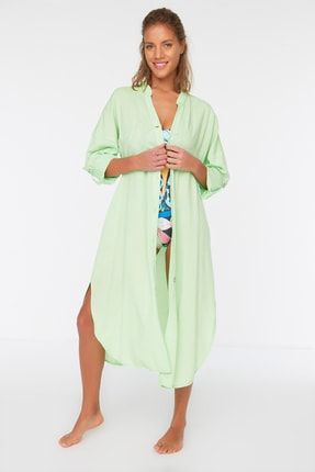 Açık Yeşil Düğmeli Gömlek Plaj Elbisesi TBESS21EL3318