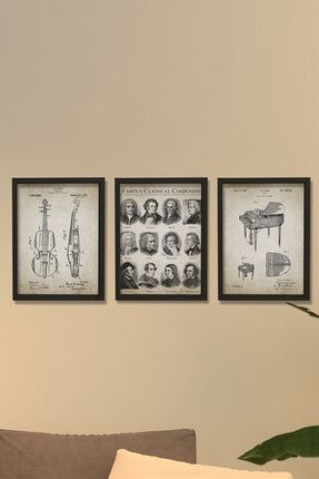 Doğal Çam Çerçeveli Müzik Odası Duvar Tablosu Ünlü Besteciler Ve Orketra Sanat Baskıları BT3-X321