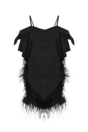 Megy Anvelop Kesim Eteğiı Tüylü Kuşaklı Siyah Gömlek Elbise MEGY