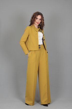 Boydan Düğmeli Mini Ceket & Yüksek Bel Pileli Bol Paça Pantolon Takım-fıstık Yeşili 1010521