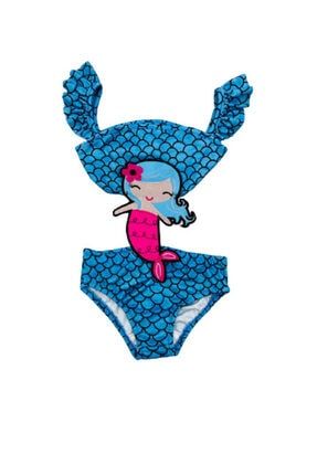 Kız Çocuk Mavi Mayokini Denizkızı Temalı lolbeachwear