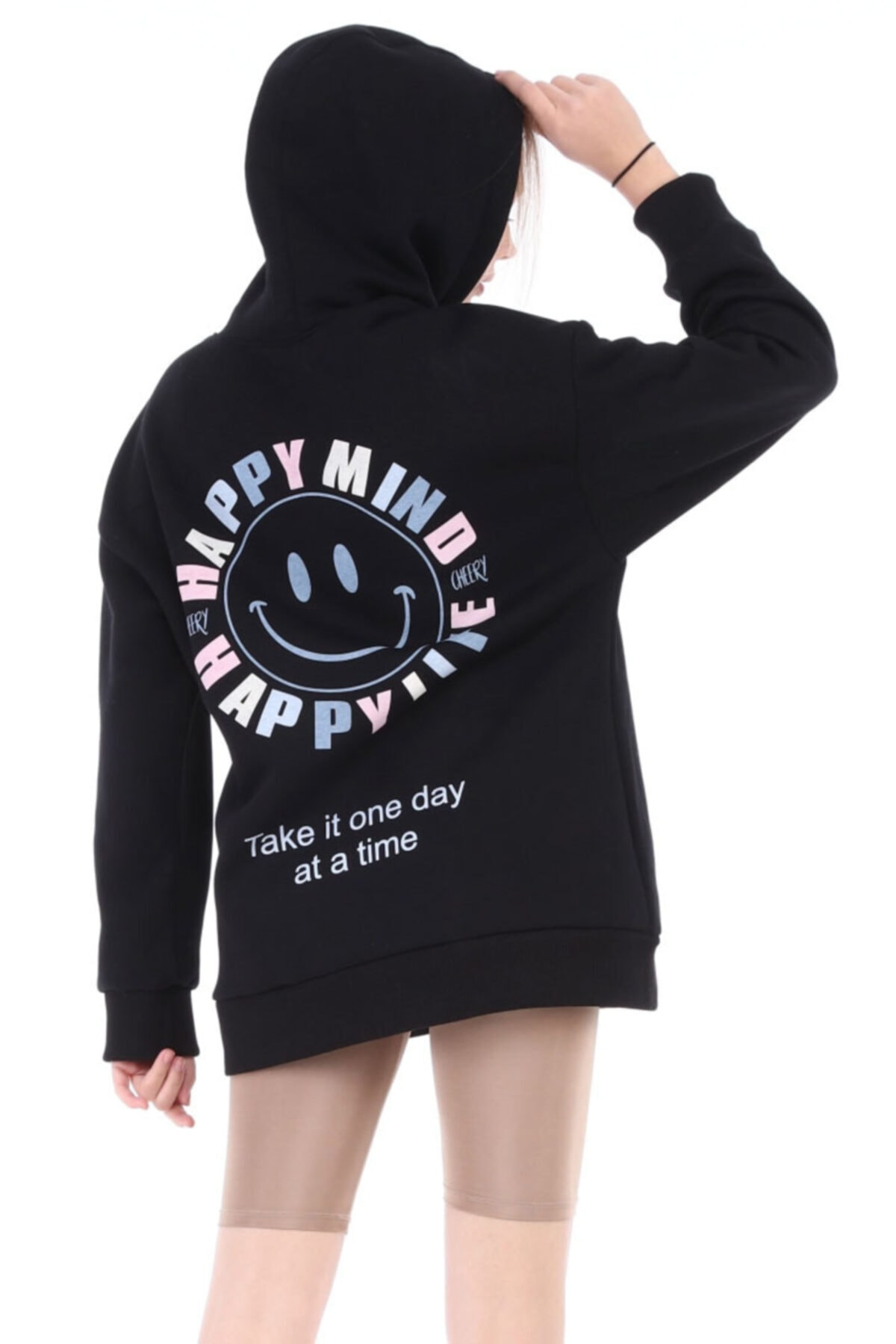 Women's Hooded Oversize Sweatshirt - Happy Mind Patterned Black Sweatshirt