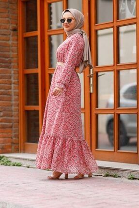 Kadın Gül Kurusu Rengi Hasır Kemerli Çıtır Çiçek Şifon Elbise CDILK000ANT5981-Gül Kurusu