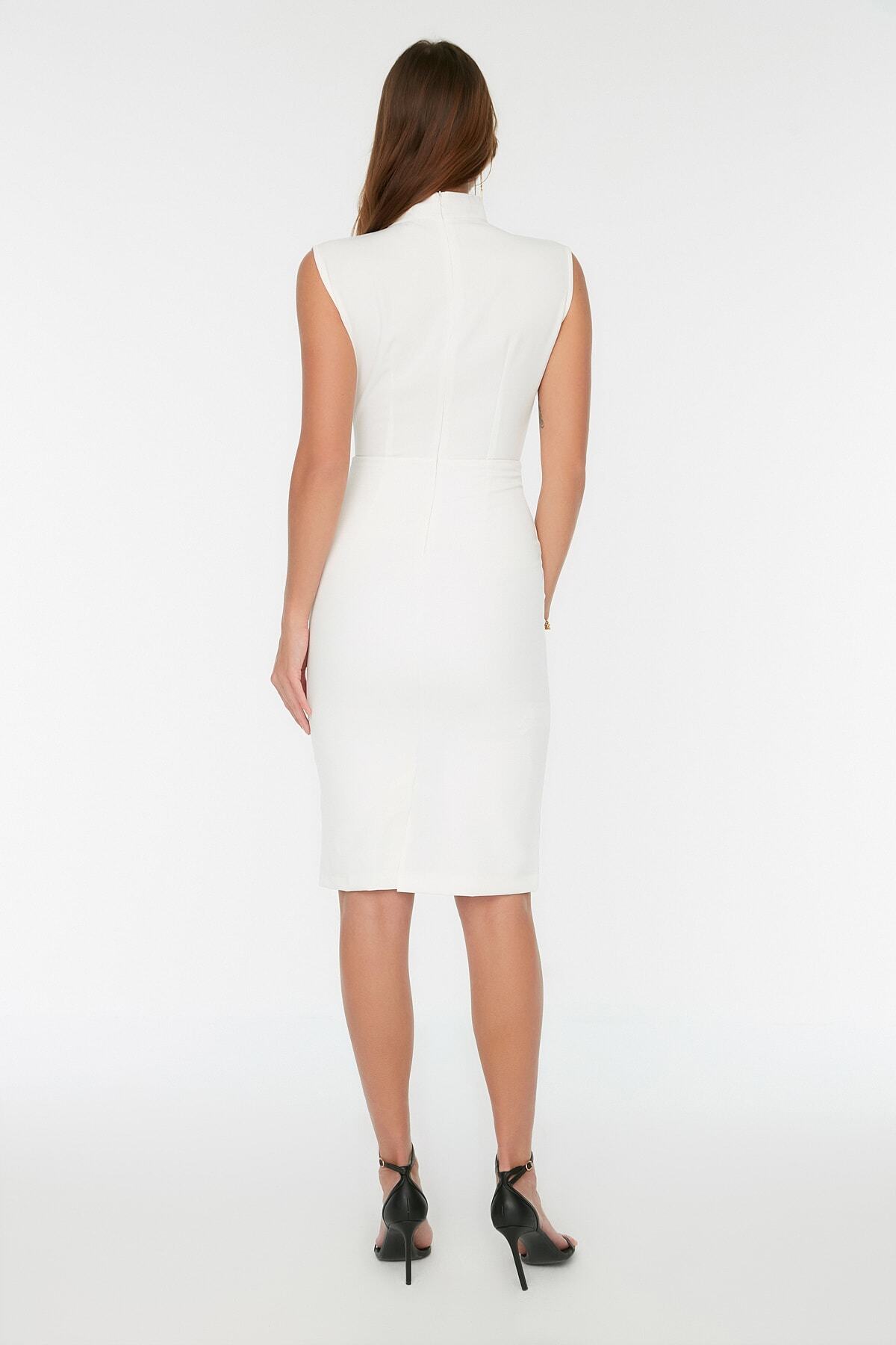 Trendyol Collection-Rochie țesătă cu fustă creion midi, cu guler vertical, ecru TWOAW20EL0311 9