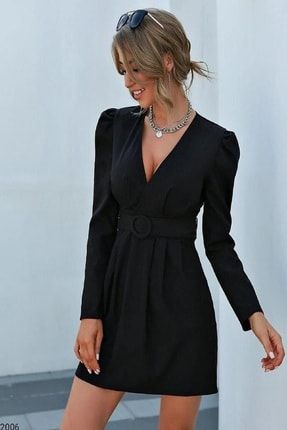 Kadın Krep Kumaş Kemer Detaylı Pileli Uzun Kol Mini Elbise Nkt-emr-582006 NKT-EMR-582006