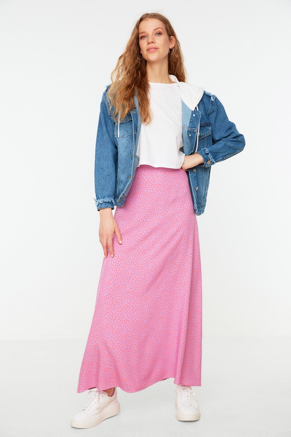 Trendyol Modest-Tkana spódnica w kolorze liliowym w kropki - TCTSS22EE0006 3
