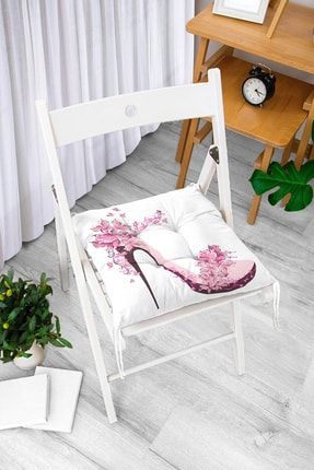 Pembe Çiçekli Topuklu Ayakkabı Illüstrasyon Dijital Baskılı Modern Pofidik Sandalye Minderi Pofi-231