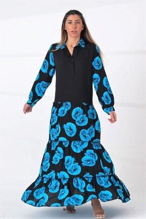 Kadın Mavi Çiçekli Gömlek Yaka Garnili Cepli Uzun Elbise EUKGC2