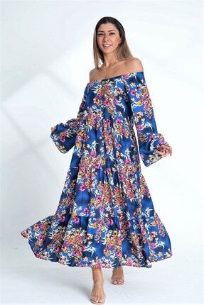 Kadın Mavi Carmen Yaka Kolları Volanlı Cepli Çiçekli Uzun Elbise EUKCYC2