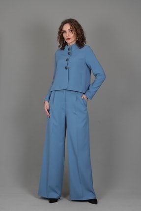 Boydan Düğmeli Mini Ceket & Yüksek Bel Pileli Bol Paça Pantolon Takım-açık Mavi 1010521