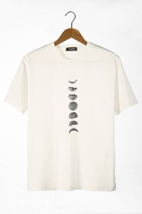 Erkek Ekru Ay'ın Evreleri Baskılı Bisiklet Yaka Oversize Rahat Kalıp Basic T-shirt BRS22Y-3400761-8