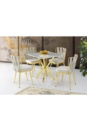 Kare Mdf Mutfak Masası Ve 4 Adet Lüks Sandalye 80x80cm Beyaz Gold copycopy1254987KRN1224