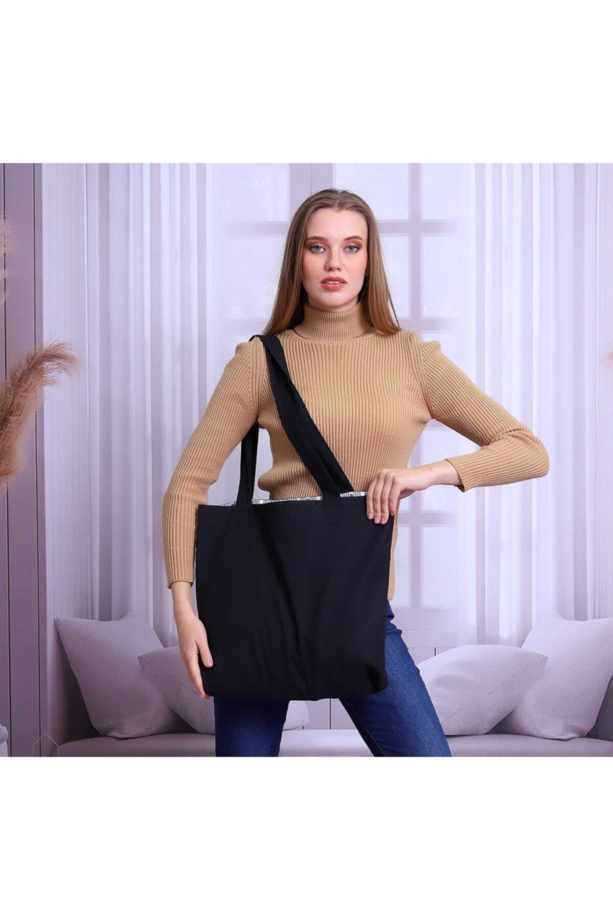 Fine Clean Linen Black Cloth Bag with Drawstring Handle Strap