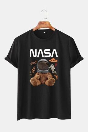 Unisex Siyah Nasa Ayıcık Baskılı Oversize T-shirt NASATSRT