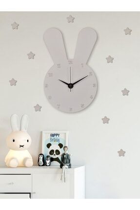 Ahşap Beyaz Tavşanlı Çocuk Odası Duvar Saati - (ahşap Sticker Yıldız Hediyeli) tavsan-desenli-01
