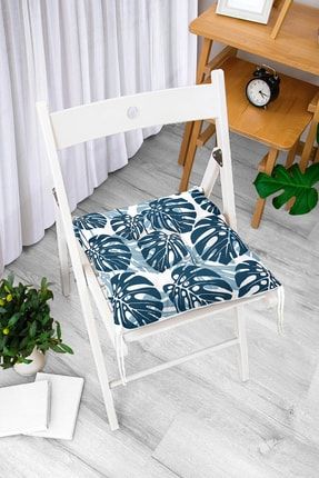 Mavi Renkli Palmiye Yaprakları Dijital Baskılı Pofidik Sandalye Minderi Pofi-3337