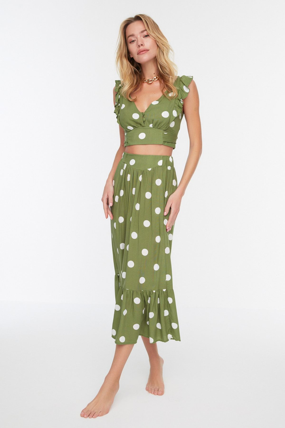 Trendyol Collection-Χακί πουά υφαντό μπλουζάκι φούστα παραλίας TBESS19BB0102 2