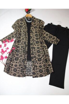 Büyük Beden Desenli Üçlü Takım ( Kimono+ Tunik+ Pantolon ) - Vizon Çiçekli MK3125