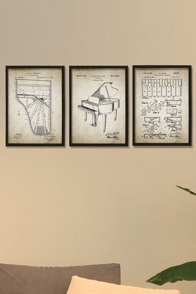 Doğal Çam Çerçeveli Müzik Odası Duvar Tablosu Antik Kuyruklu Piyano Patentleri 1885 BT3-X317