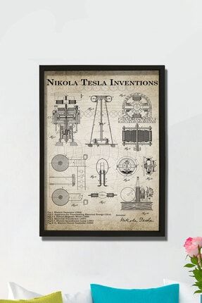 Doğal Çam Çerçeveli Mühendis Odası Duvar Tablosu Nicola Tesla Inverter Patentleri 1888 - 1894 BT1-X181