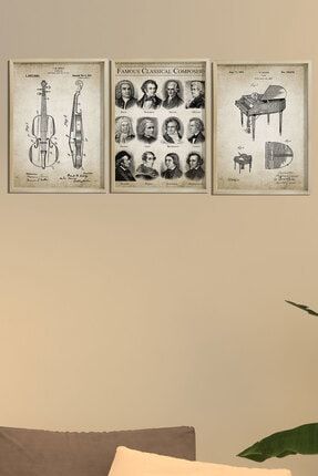 Doğal Çam Çerçeveli Müzik Odası Duvar Tablosu Ünlü Besteciler Ve Orketra Sanat Baskıları BT3-X321