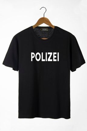Erkek Siyah Polizei Baskılı Bisiklet Yaka Oversize Rahat Kalıp Basic T-shirt BRS22Y-3400761-20