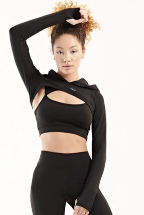 Kadın Siyah Uzun Kollu Kapüşonlu Spor T-shirt Rise Serisi Rise Series Cover Crop Hoodie EY0132