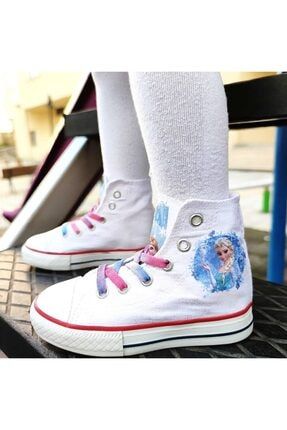 Kız Çocuk Spor Ayakkabı Elsa Baskılı Keten Kumaş Convers Modeli Beyaz Spor Ayakkabı aelsa