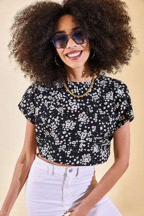 Kadın Siyah Çiçek Desenli Crop Bluz 2KZK2-12503-02