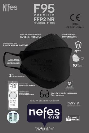 Nefes N'fes Maske F95 Premıum Kore Tipi Siyah N95 Maske Iso Ve Ce Belgeli 1 Kutu 10 Adet NEFES maske F95 PREMIUM KORE TİP N95